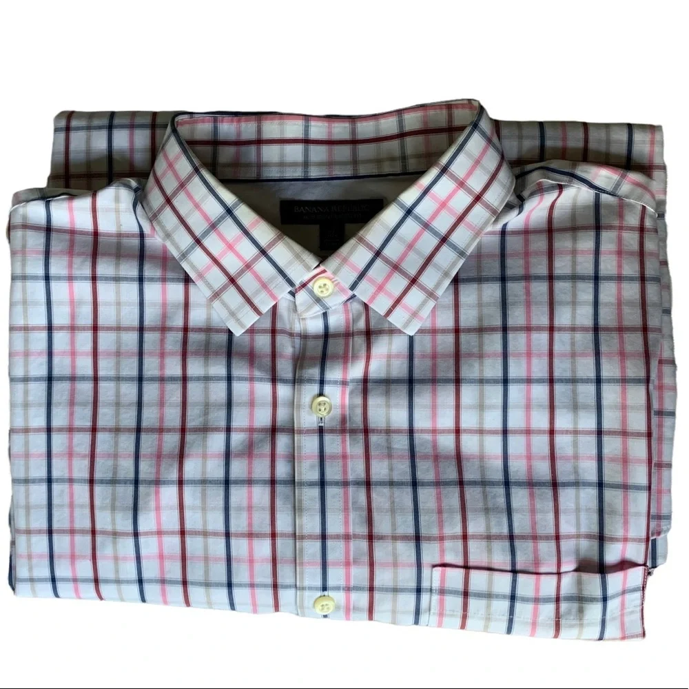 Banana Republic long sleeve button down white blue red plaid shirt men’s Neck 17